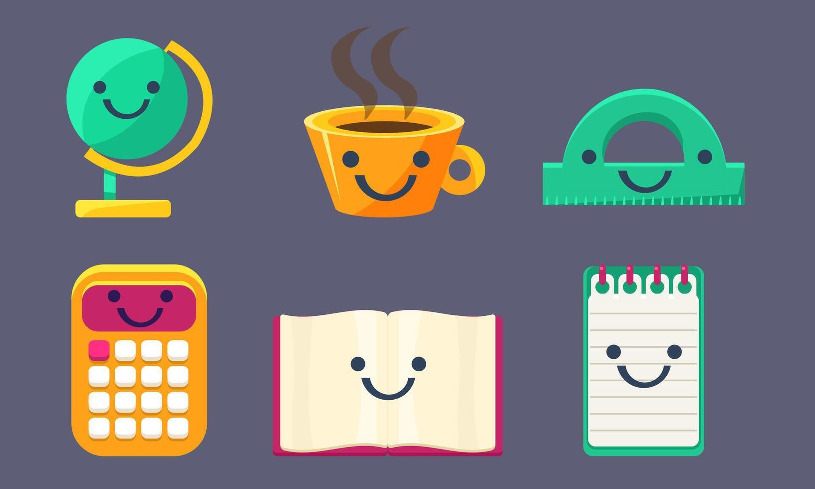 Funny Cute School Stationery Characters Set, Earth Globe, Cup of Tea, Notebook, Calculator, Protractor Illustration vector
