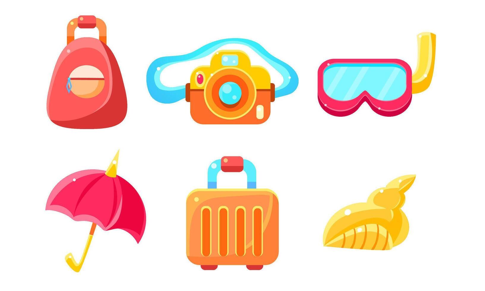 Collection of Cute Glossy Summer Symbols, Backpack, Suitcase, Camera, Diving Mask, Umbrella, Suitcase, Seashell Illustration vector