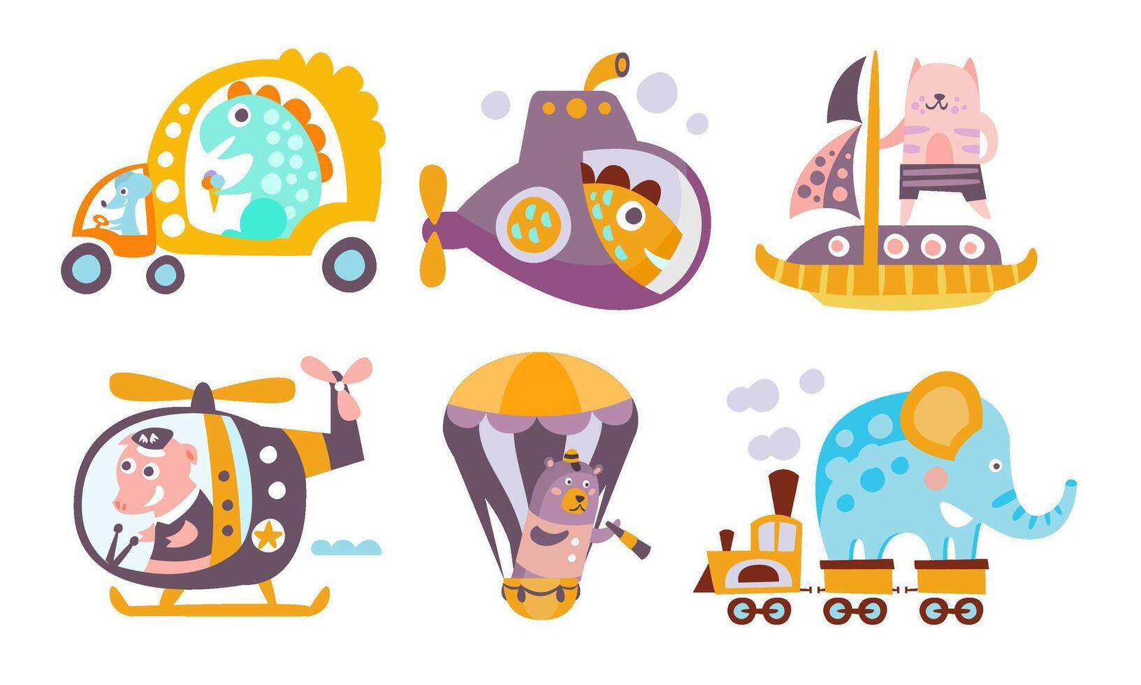 Collection of Toy Transport with Cute Animals, Funny Dinosaur, Fish, Cat, Pig, Bear, Elephant Driving Various Types of Transport Illustration vector