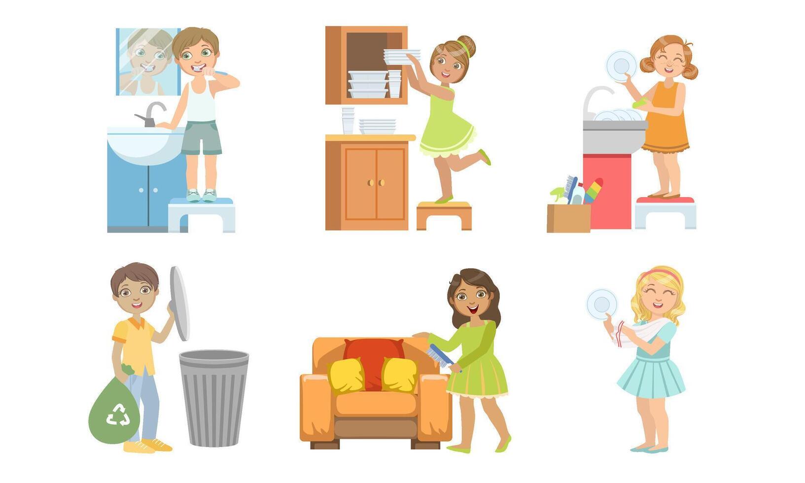 Cute Boys and Girls Doing Different Housework Chores Set, Kids Helping Their Parents with Home Cleaning Illustration vector