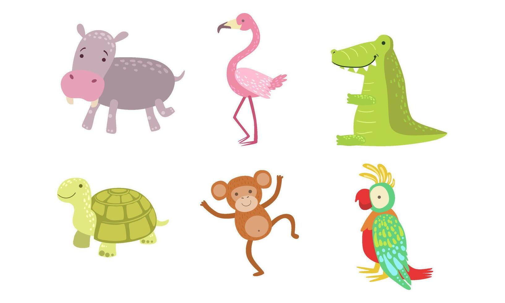 Cute African Animals Set, Turtle, Monkey, Parrot, Hippo, Flamingo, Crocodile Illustration vector