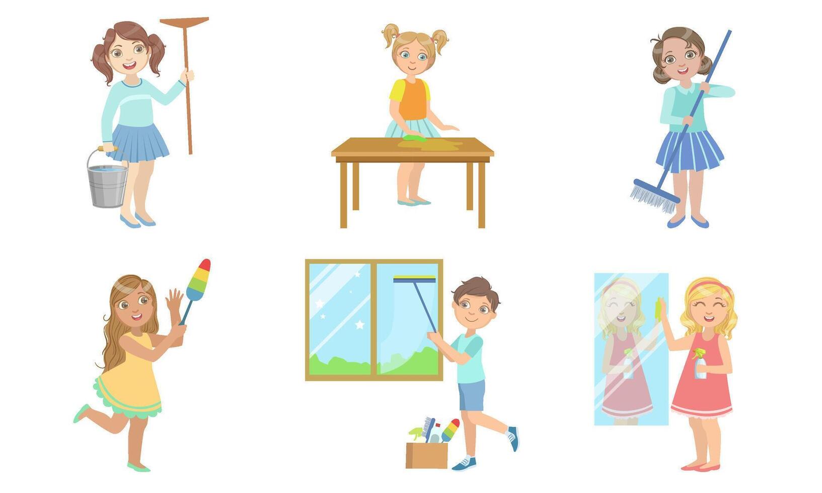 Boys and Girls Doing Different Housework Chores Set, Kids Helping Their Parents with Home Cleaning Illustration vector