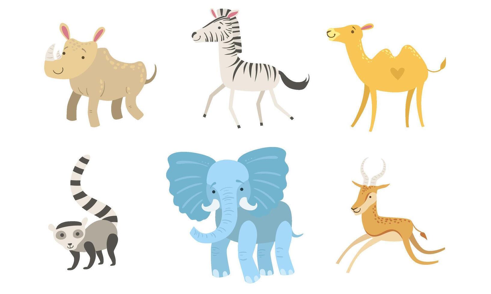 Cute African Animals Set, Rhino, Zebra, Camel, Raccoon, Elephant, Antelope Illustration vector