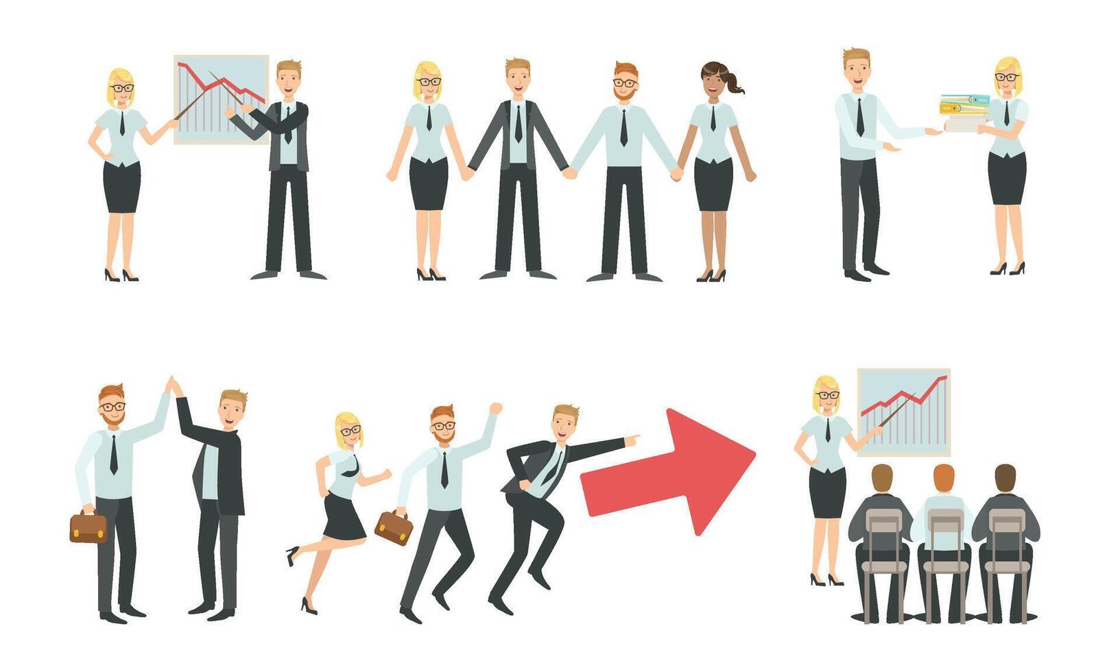 Sucessful Business People Characters Working in Office Set, Teamwork, Business Competition, Negotiation, Brainstorming Illustration vector