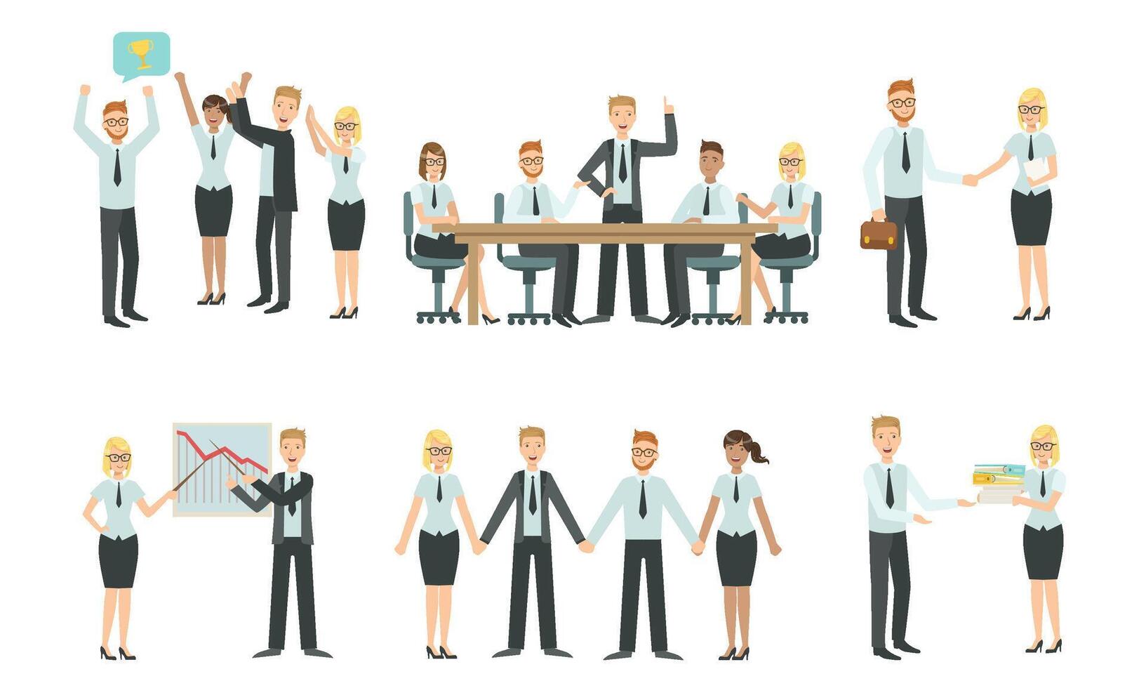 Sucessful Business People Characters Working in Office Set, Teamwork, Business Meeting, Negotiation, Brainstorming Illustration vector