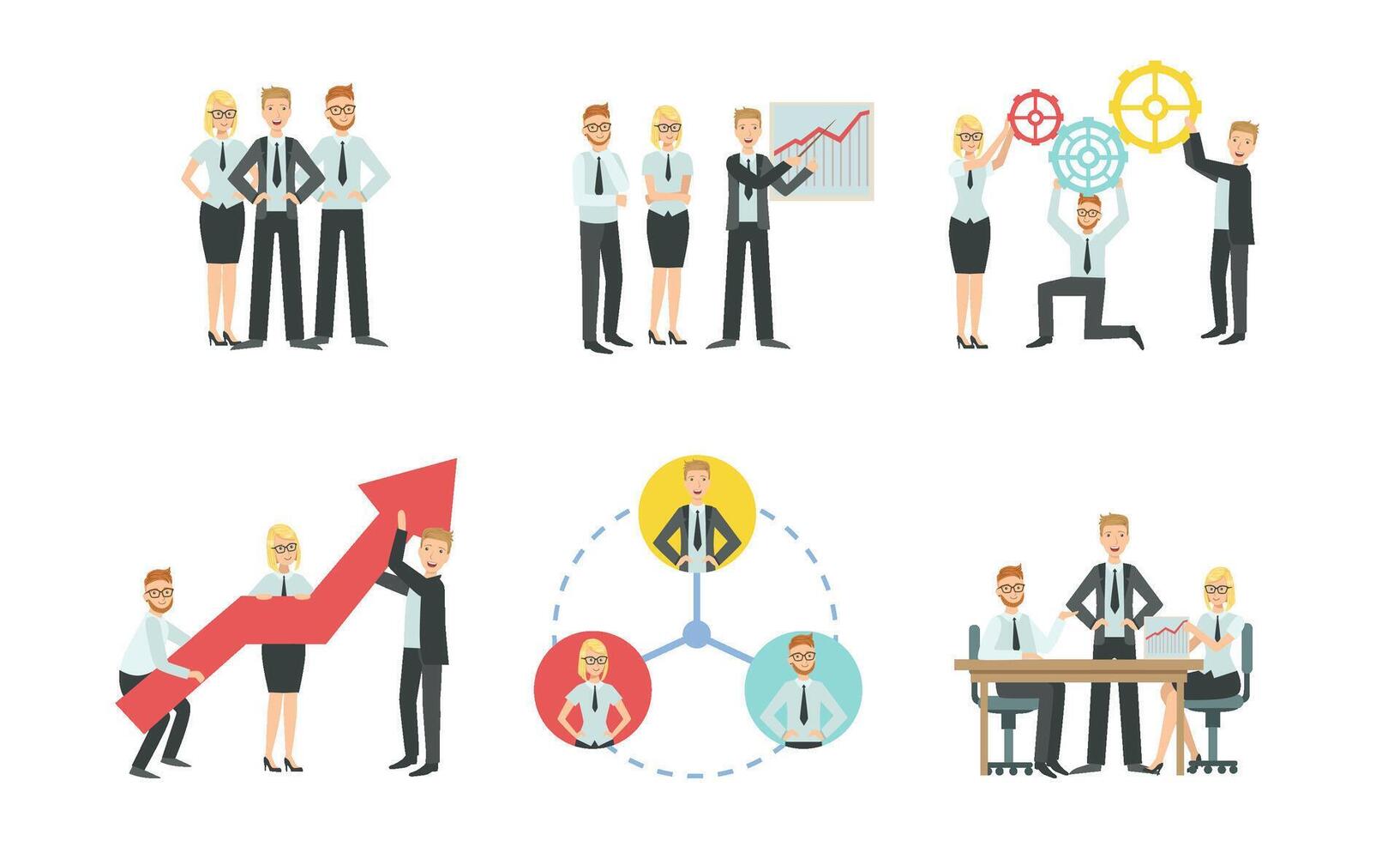 Sucessful Business People Characters Working in Office Set, Teamwork, Business Competition, Meeting, Negotiation Illustration vector