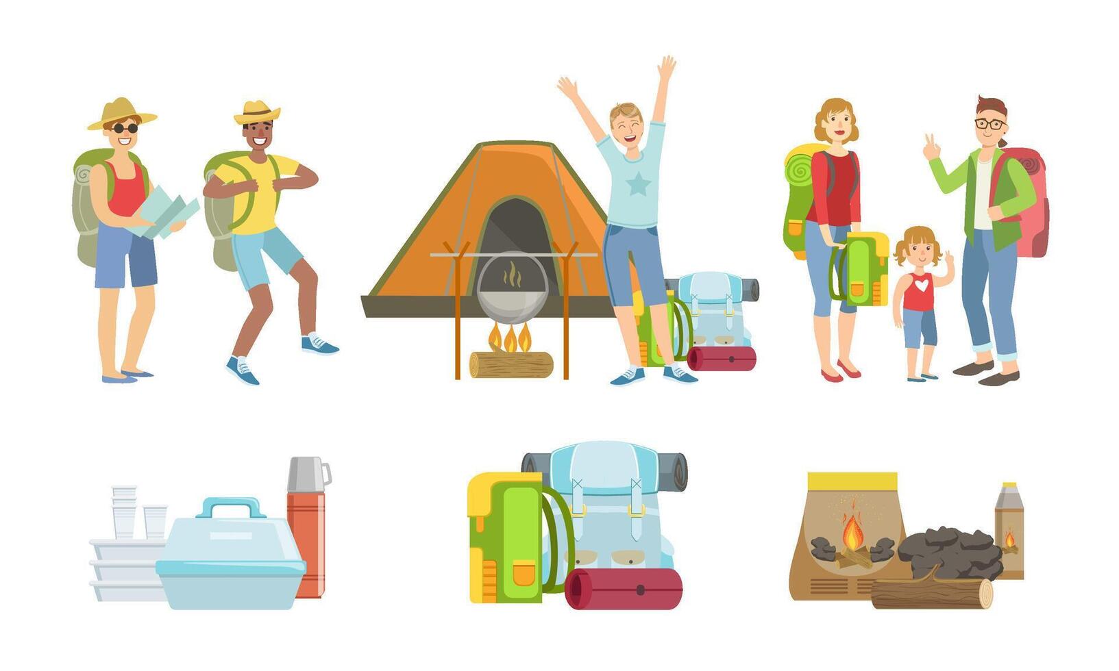 Happy People Characters Having Picnic Set, Touristic Equipment and Accessories Illustration vector