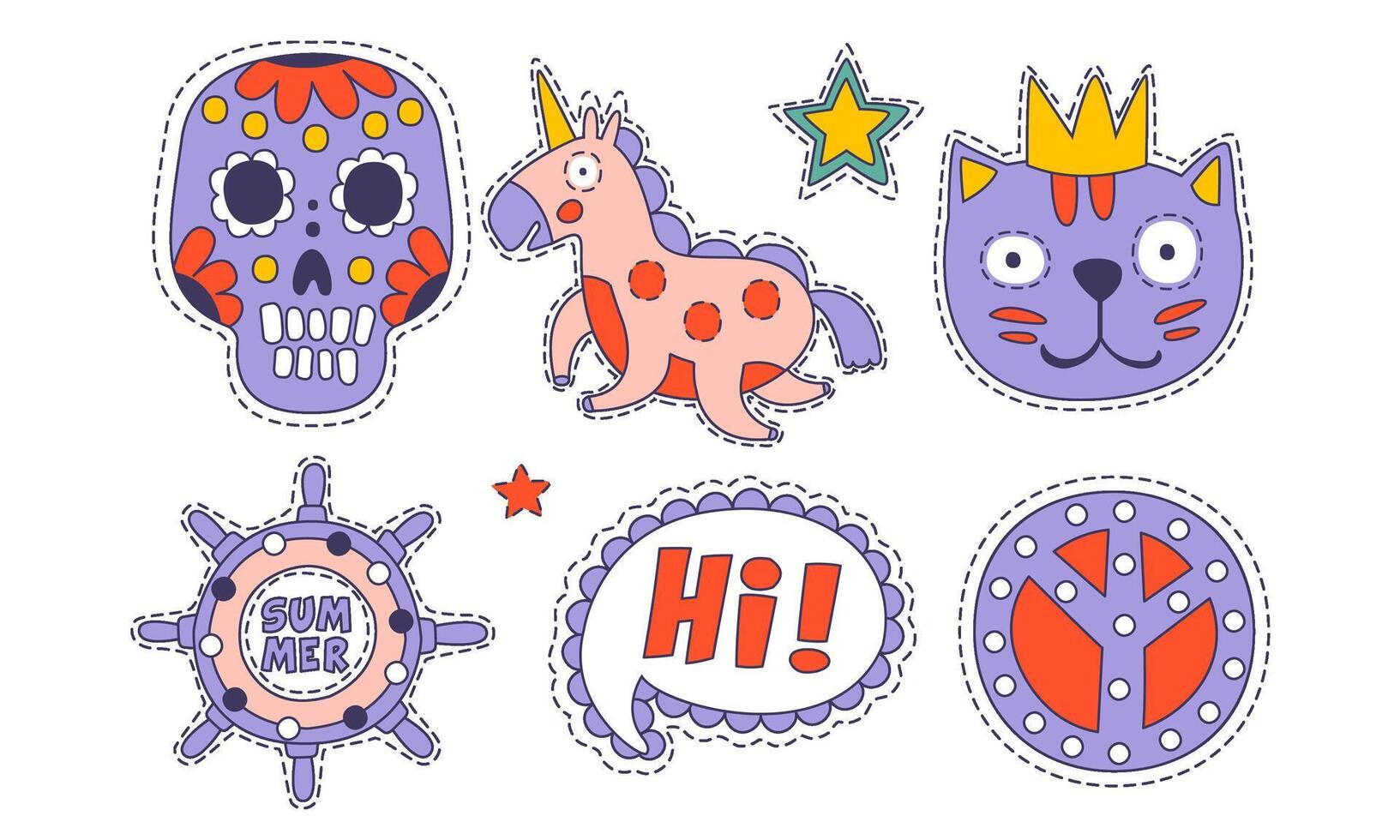 Cute Trendy Cloth Patches Set, Colorful Childish Stickers Appliques Illustration vector