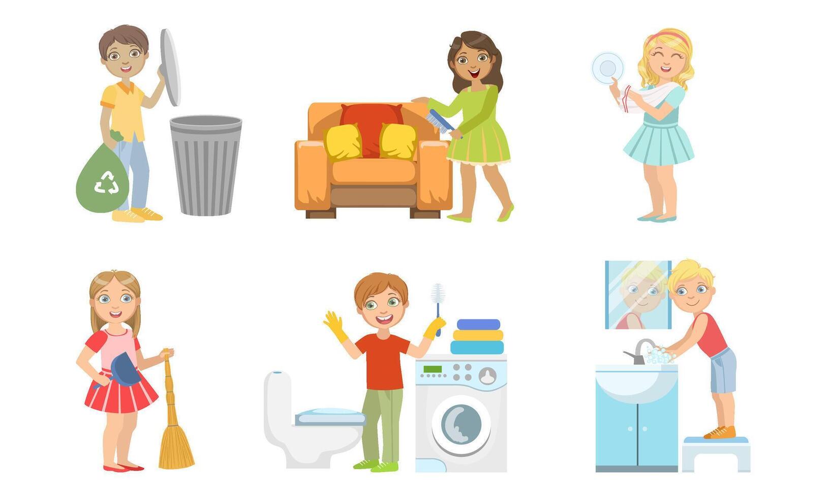 Boys and Girls Doing Different Doing Housework Set, Children Helping Their Parents with Home Cleaning Illustration vector