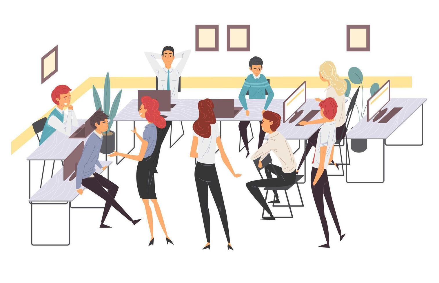 Business People haracters Working in Office, Coworking Space, Young Men and Women Working Together Illustration vector
