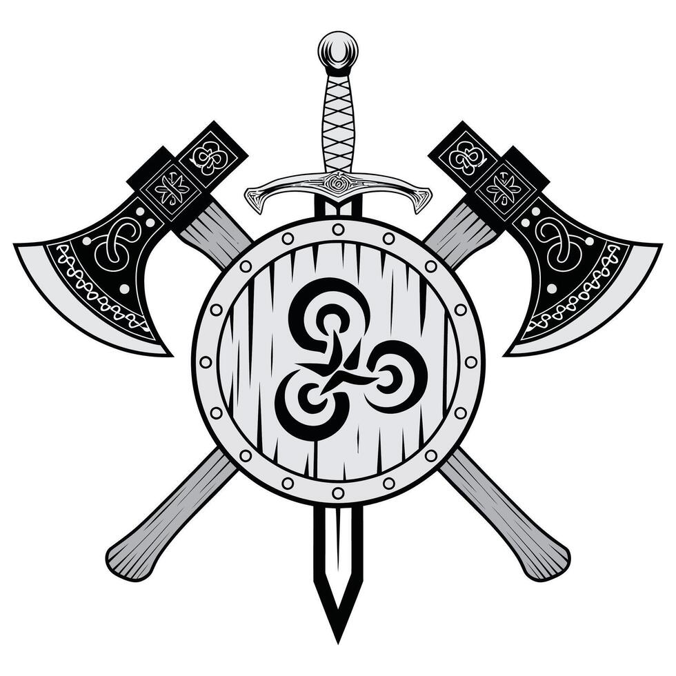 Viking Emblem with Shield and Weapons. vector