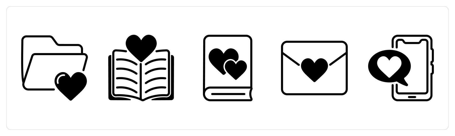 Happy valentines day icons as love file, love story, love book vector