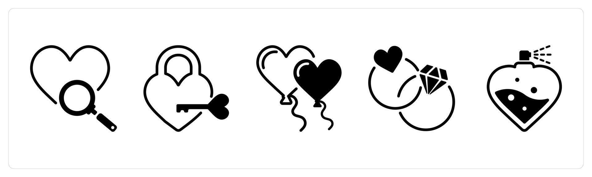 Happy valentines day icons as find love, heart lock, balloons vector
