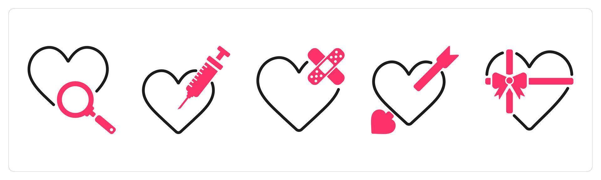 Happy Valentine icons as find love, love injection, broken heart vector