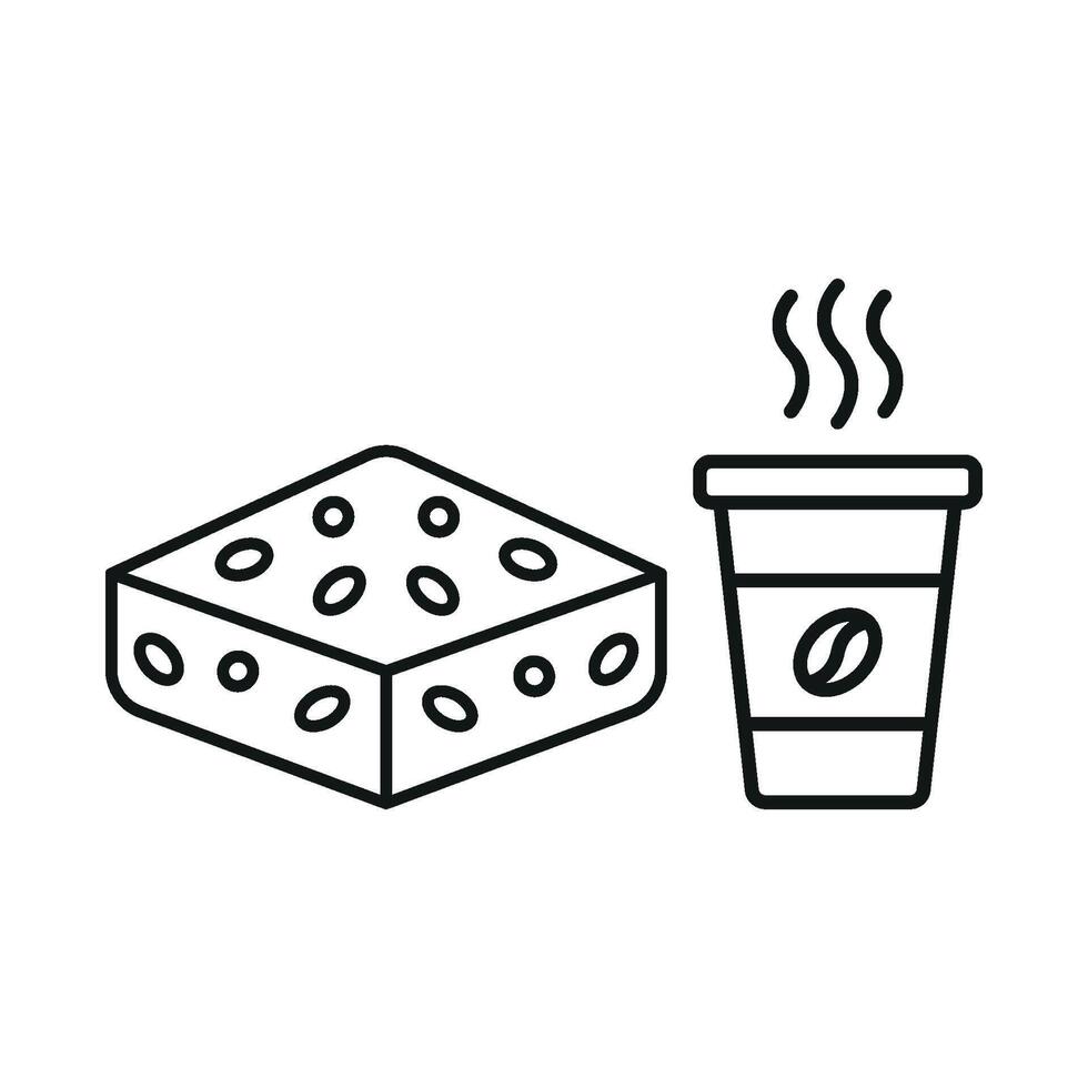 Coffee Paper Cup and Brownies Icon offers a retro-inspired design, ideal for evoking nostalgia while highlighting coffee-to-go and classic treats. vector