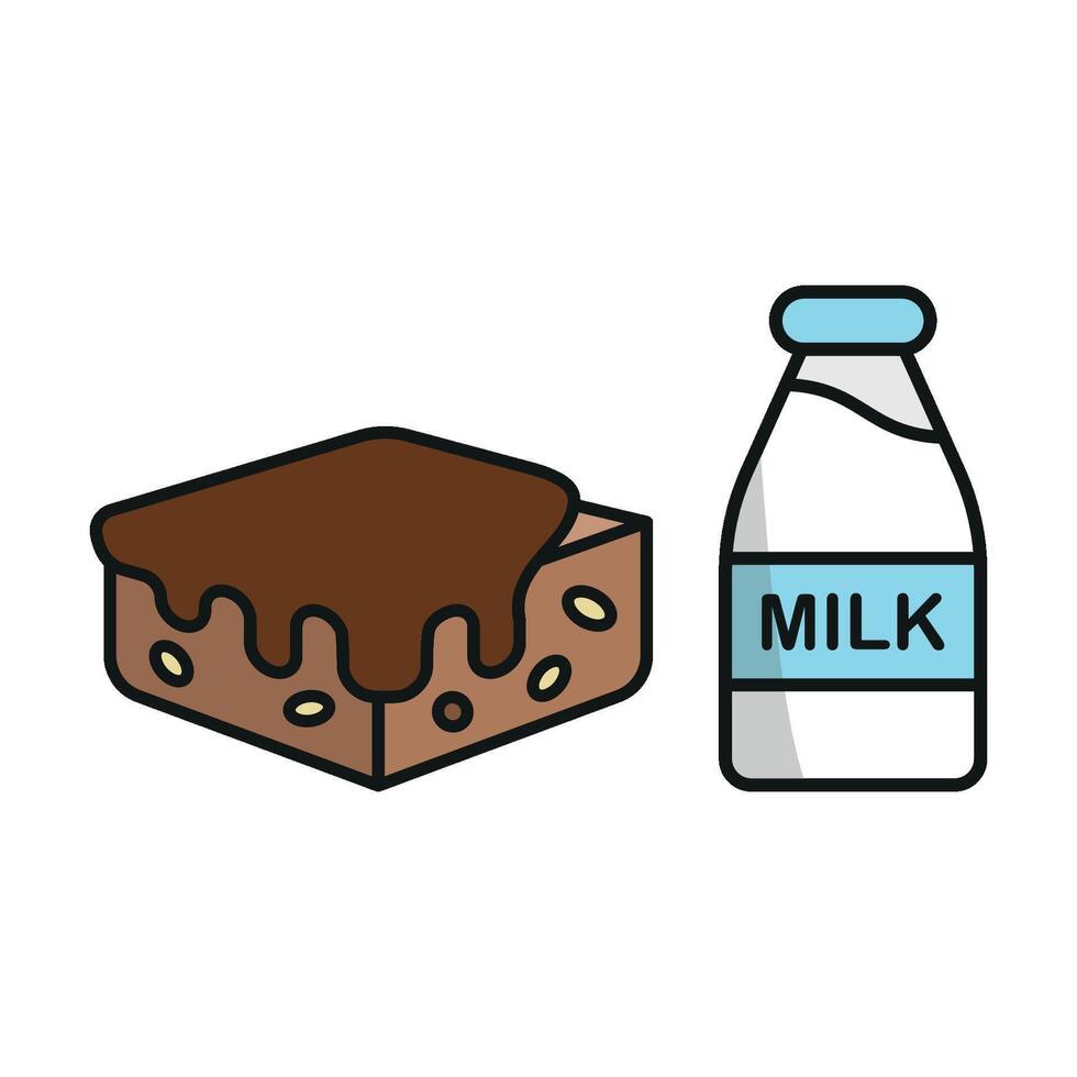 Milk Bottle and Brownies Icon provides a cheerful and vibrant design, perfect for promoting dessert-and-drink combos in casual dining spots. vector