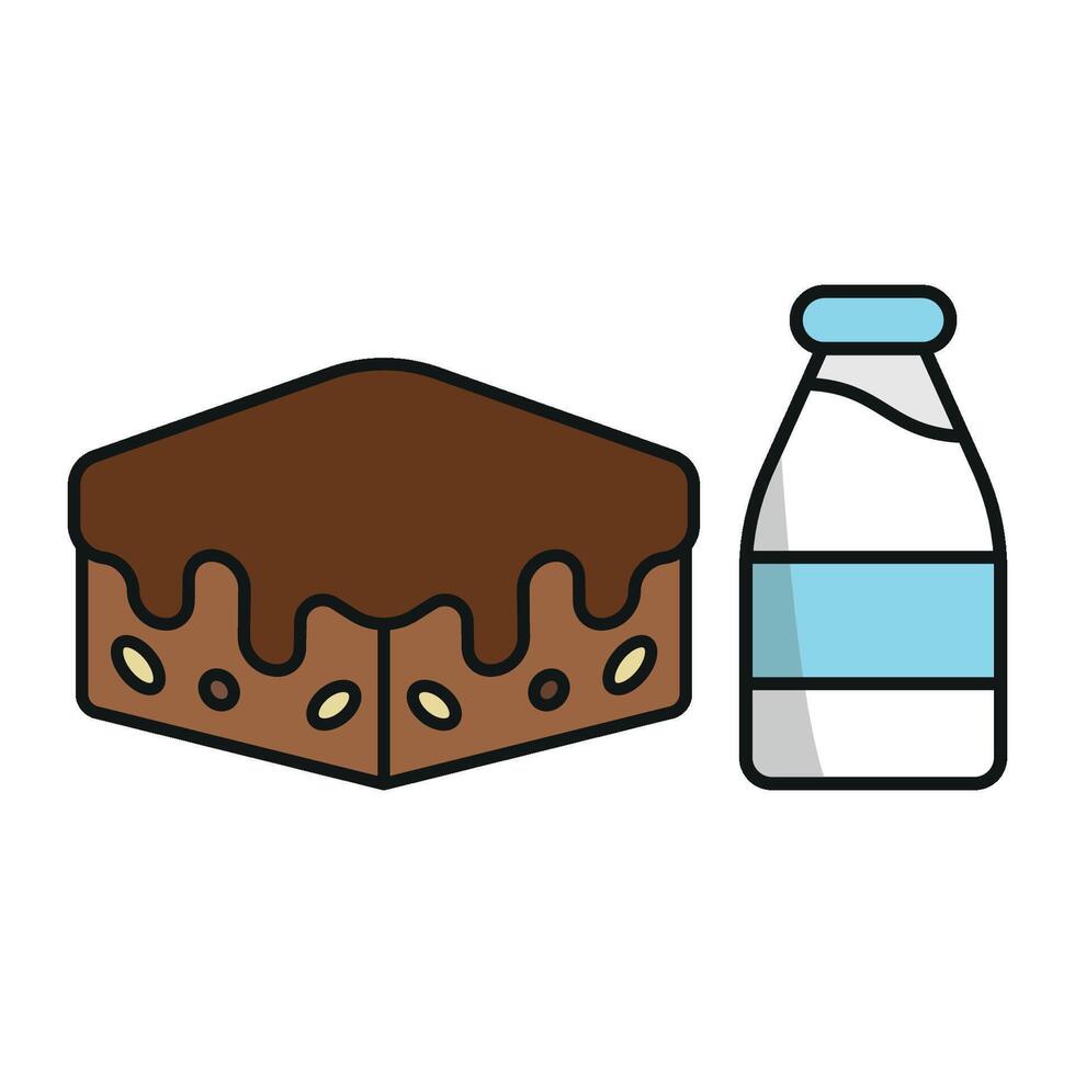 Milk Bottle and Brownies Icon showcases a charming and nostalgic design, perfect for representing wholesome treats and classic dessert pairings. vector