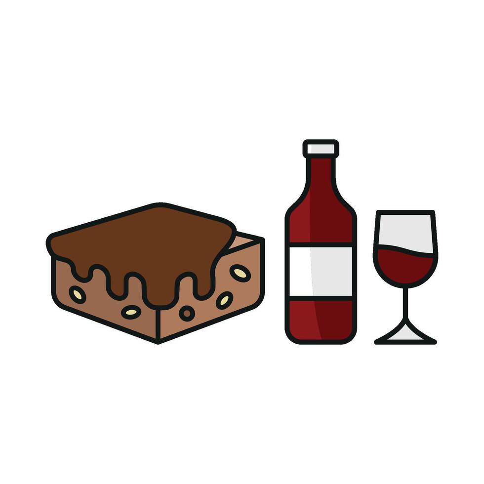 Wine Bottle and Brownies Icon showcases a vibrant and dynamic style, perfect for highlighting celebratory events, tastings, and dessert bars. vector
