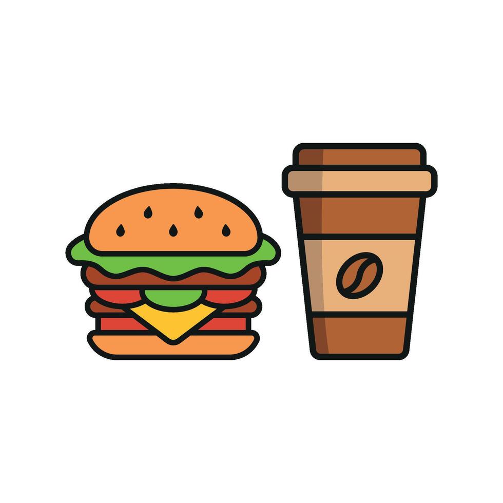Coffee Paper Cup and Hamburger Icon offers a cozy and inviting design, ideal for representing comfort food and warm beverages. vector