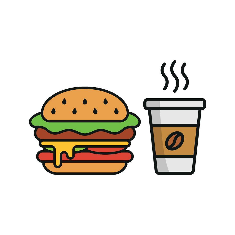 Coffee Paper Cup and Hamburger Icon presents a playful and vibrant look, perfect for advertising meal combos or coffee break specials. vector
