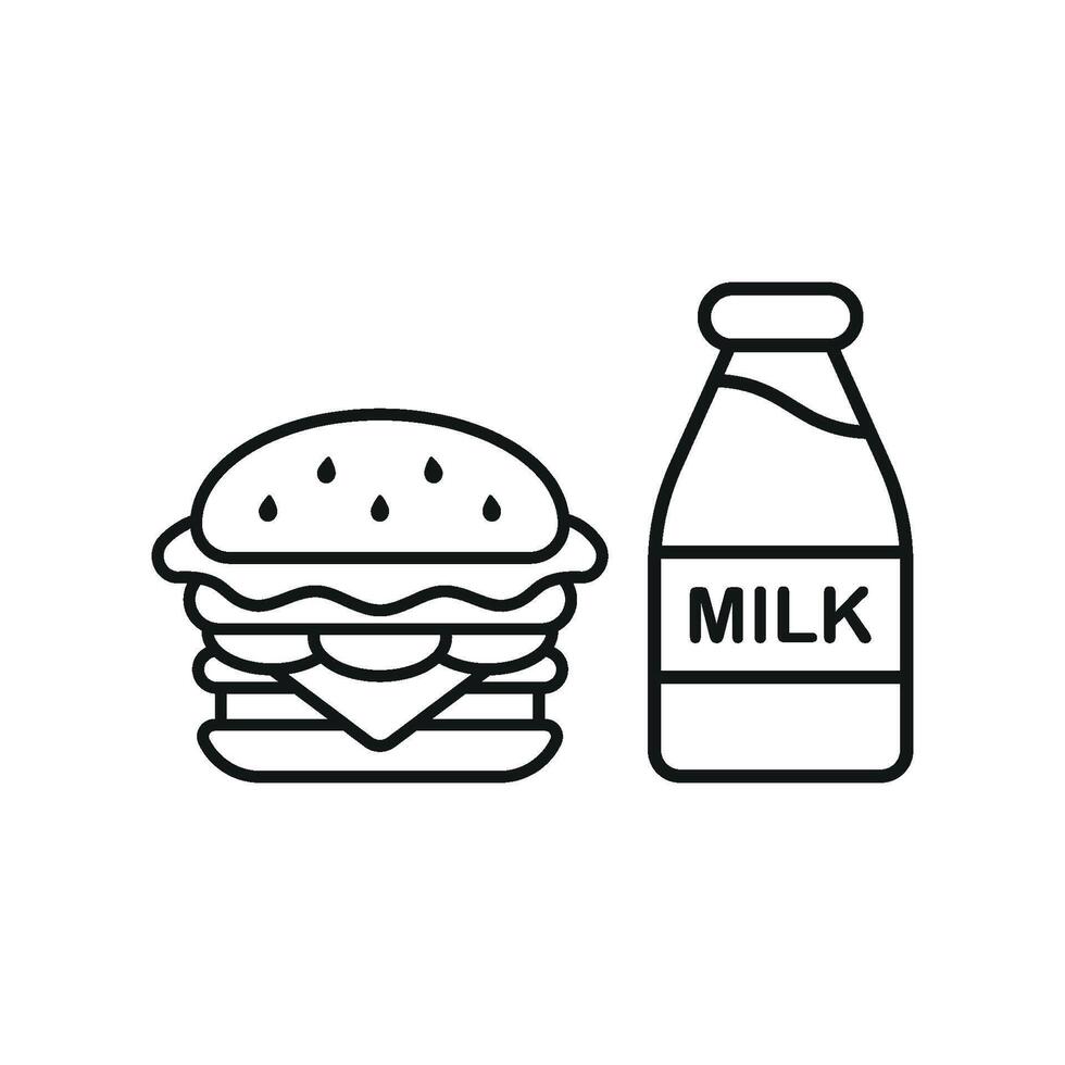 Milk Bottle and Hamburger Icon showcases a cheerful and nostalgic design, perfect for representing wholesome meals, family dining, and classic food pairing vector
