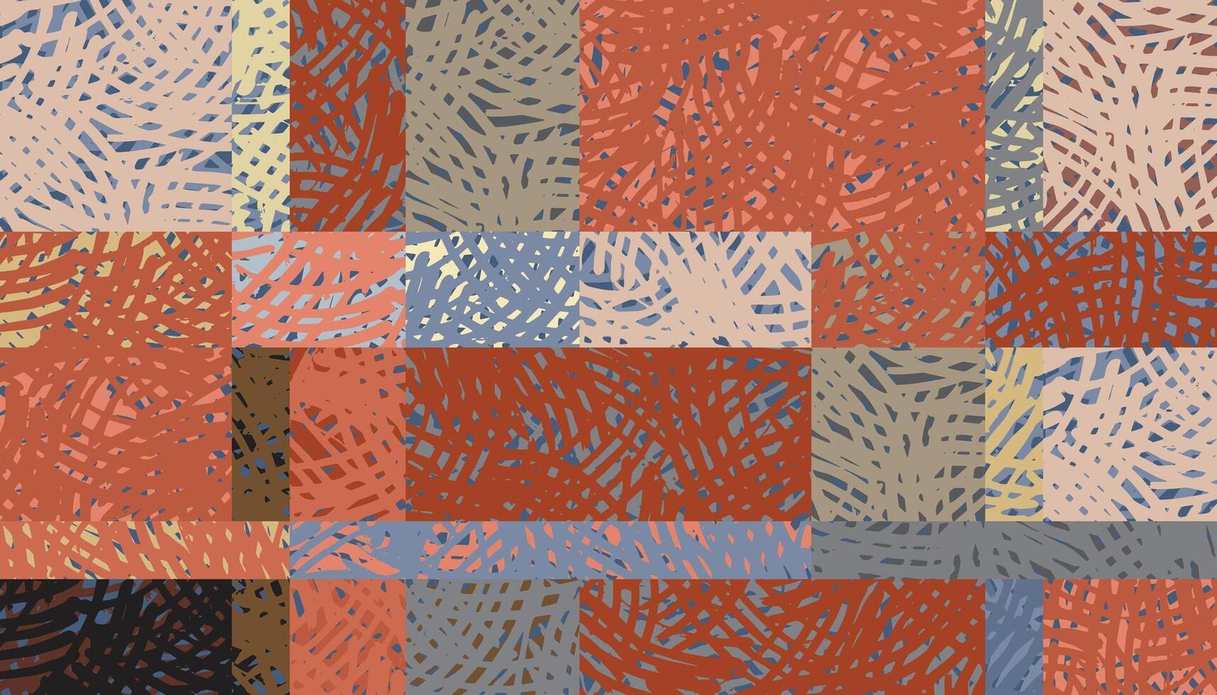Hand drawn brush line abstract cross hatching patchwork pattern, Japanese and ethnic folk inspired wood carving, engraving, basketry surface texture background, simple collage graphic for textile, vector