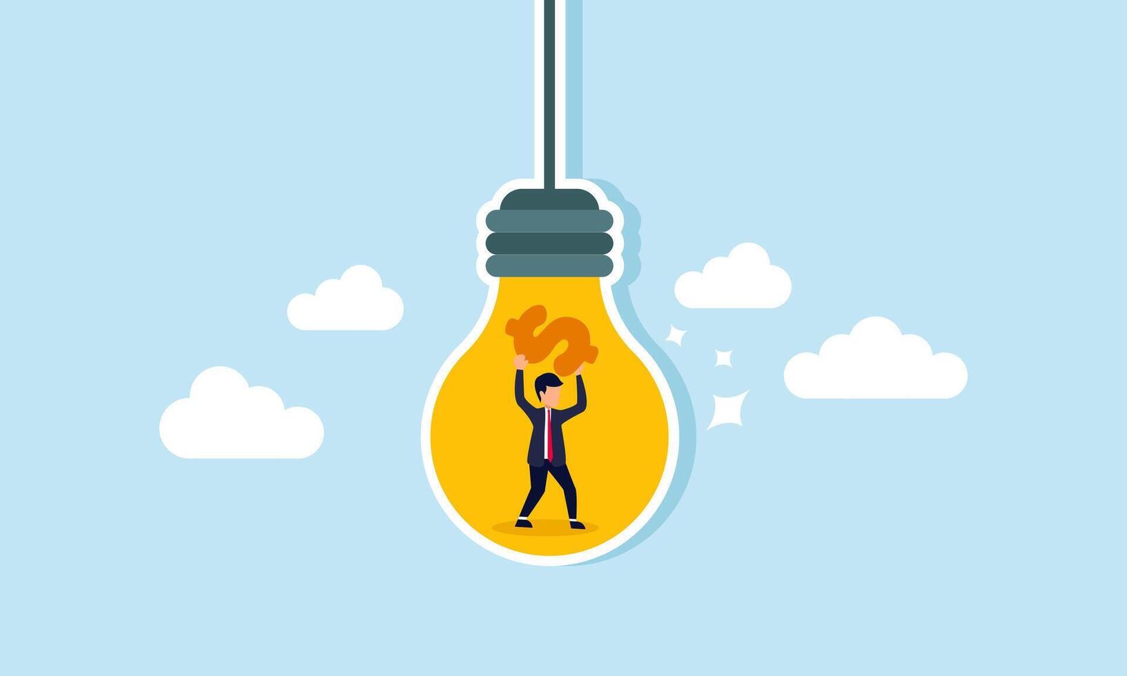 A businessman trapped inside a lamp holding a dollar sign, illustration of business ideas and innovations in managing financial aspects vector