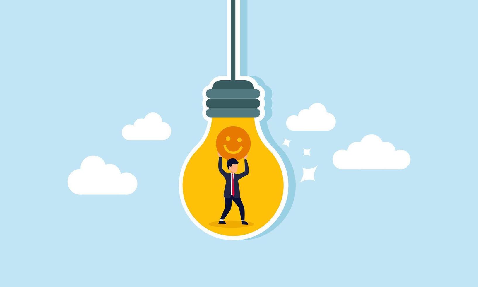 A businessman trapped inside a lamp holding a happy emoticon, illustration of business ideas and innovations in increasing market attention vector