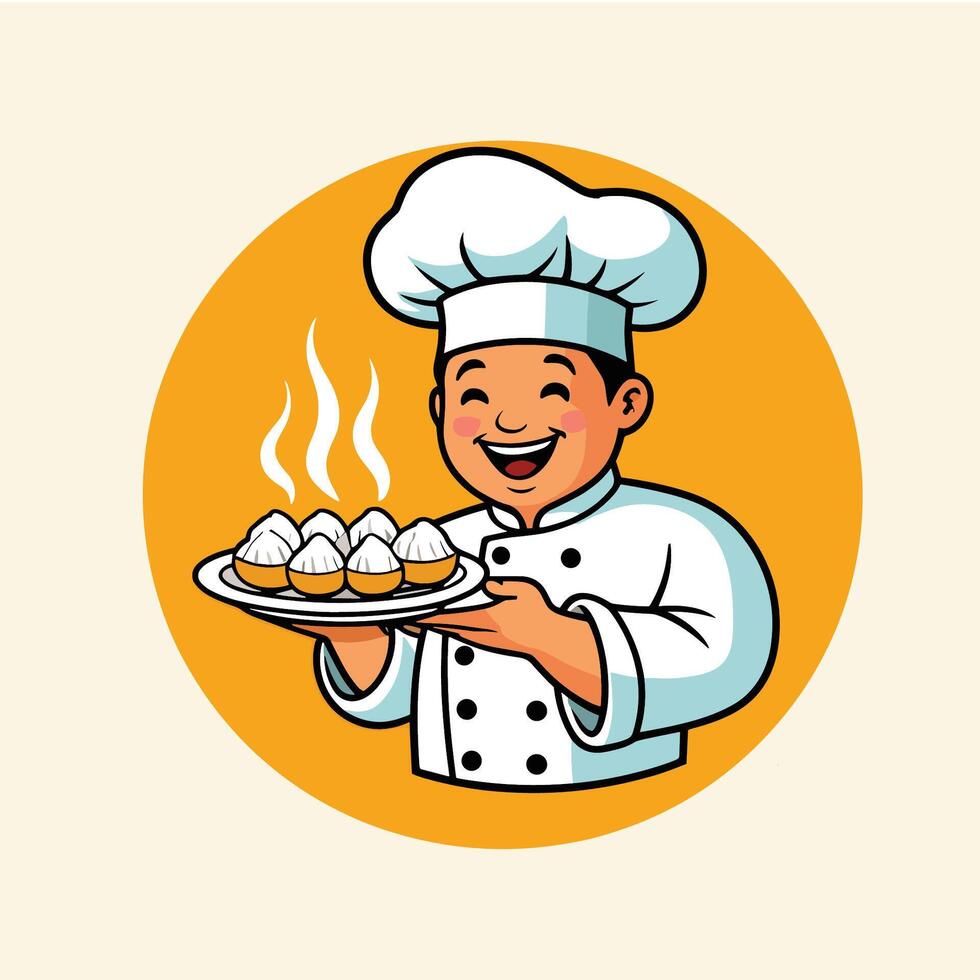 Cheerful Chef Holding Steaming Dumplings vector