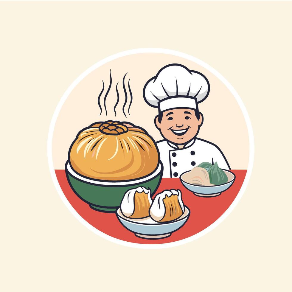 Cheerful Chef with Dumplings and Steamed Bun vector