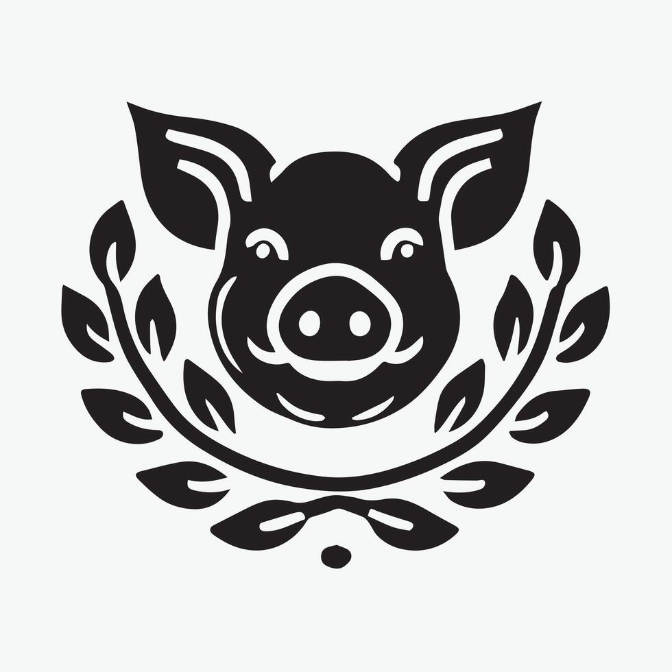 A cheerful, cartoonish pig silhouette, standing in a simple grassy field. vector