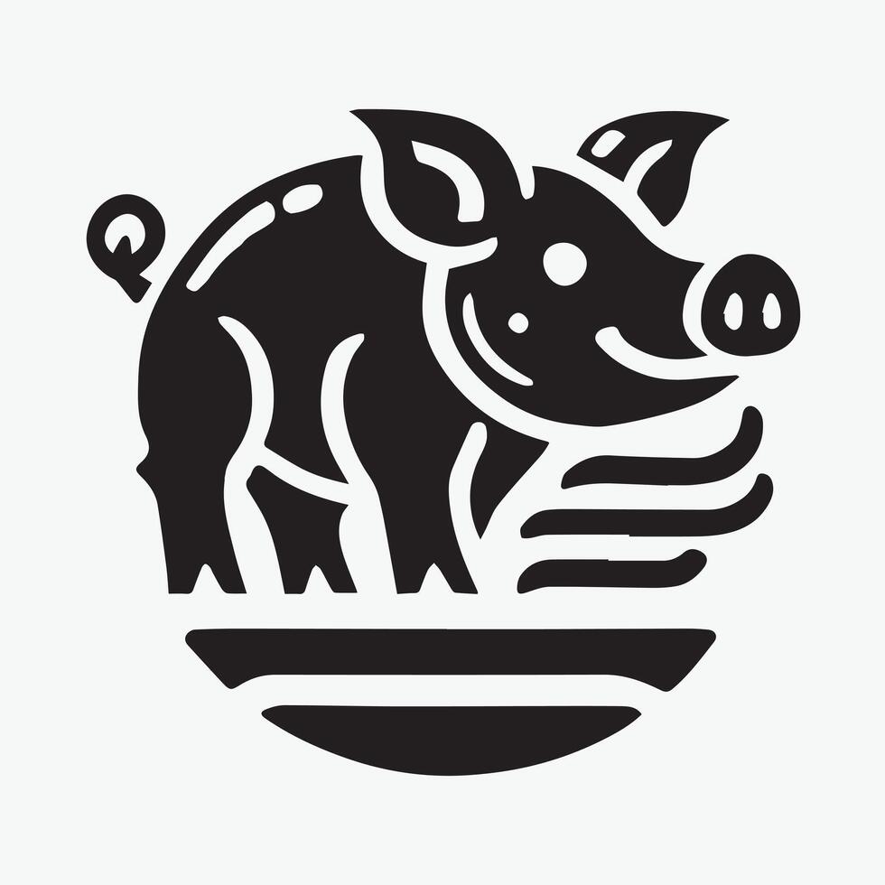 A stylized, black and white silhouette of a pig surrounded by leaves. vector