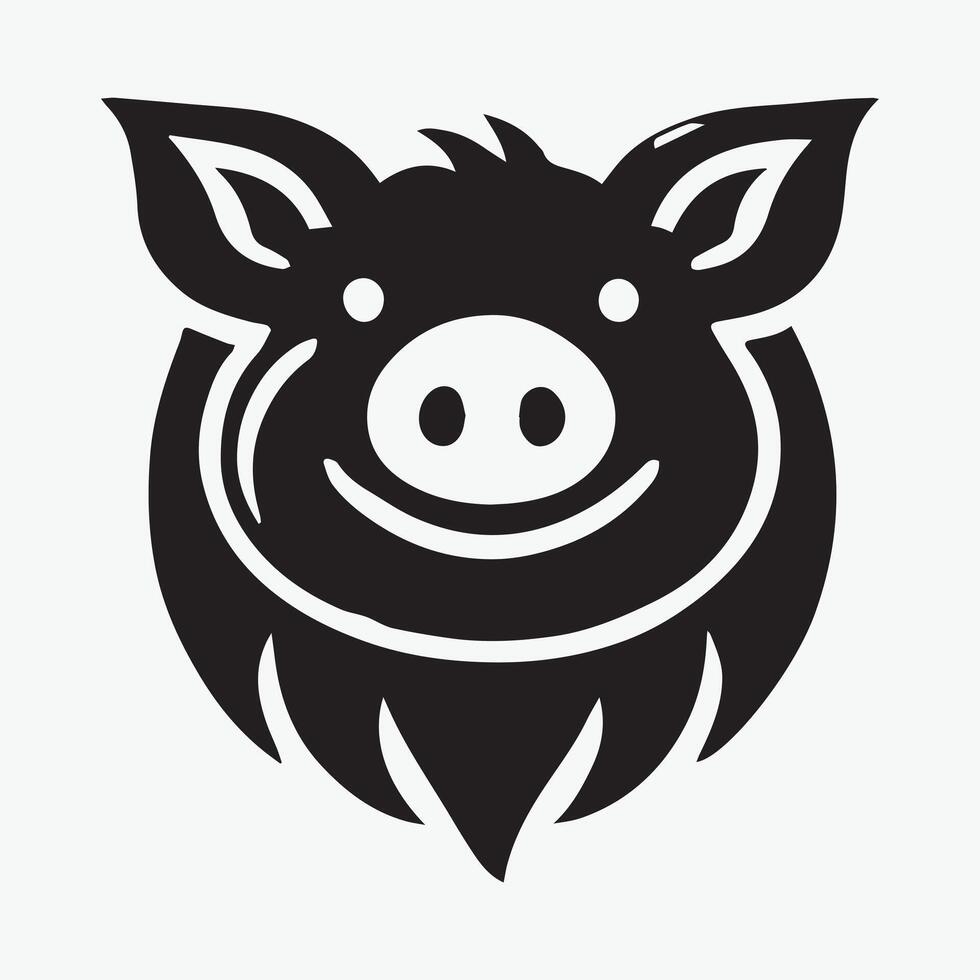 Black and white graphic of a smiling pig's head in a circle. vector