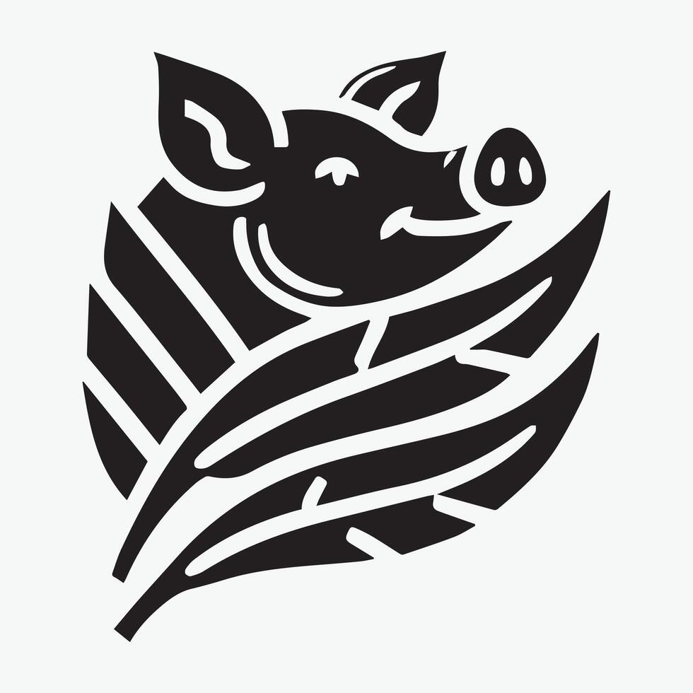 This simple, black and white vctor graphic showcases a friendly pig with a small farm house in the background, on a circle. vector