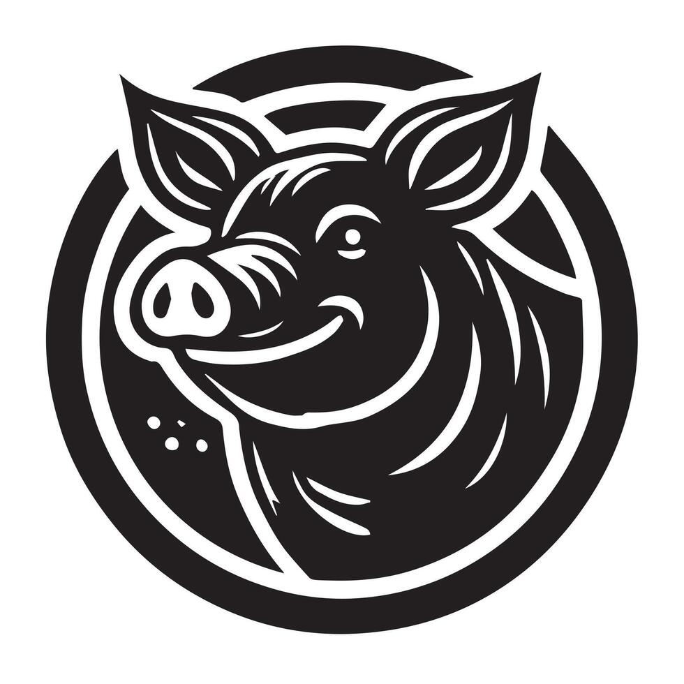 black and white logo of a pig positioned above a stylized representation of farm land. vector