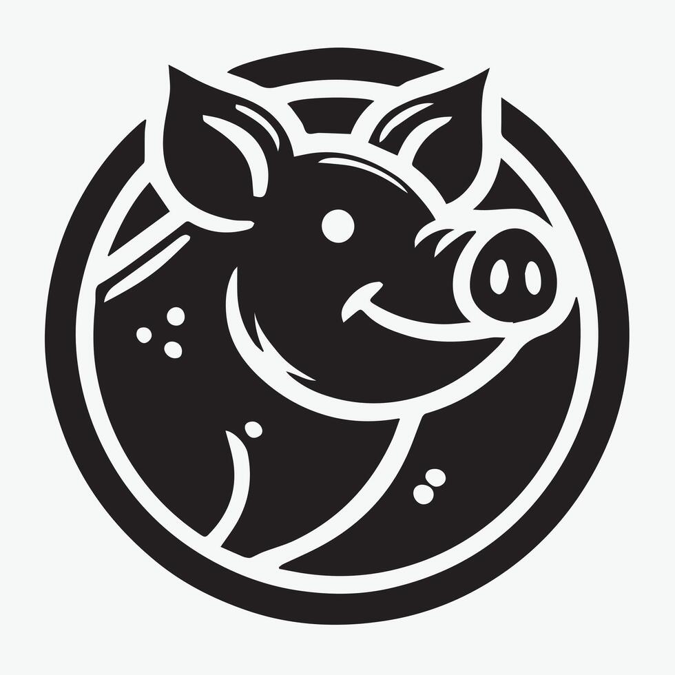 A stylized, black and white vetor graphic of a pig's head. vector