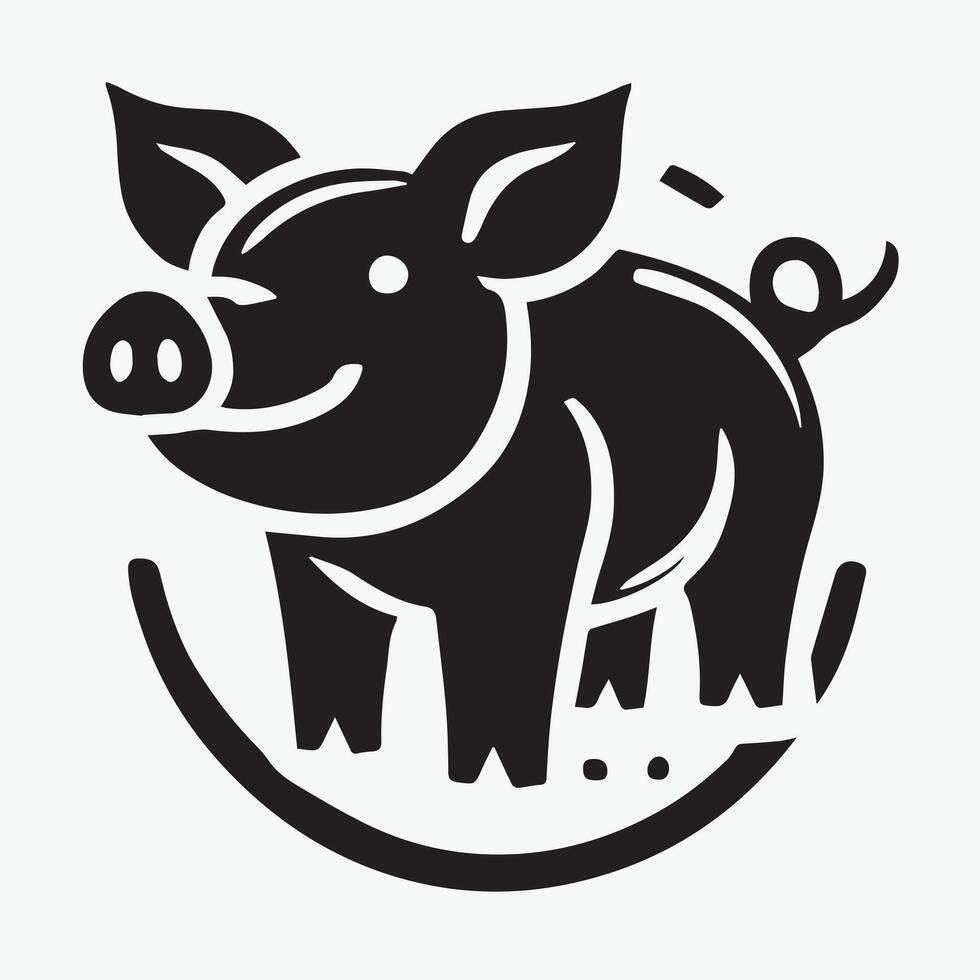 A stylized, black and white graphic of a pig's head, set against a circular background with stylized leaves or foliage. vector
