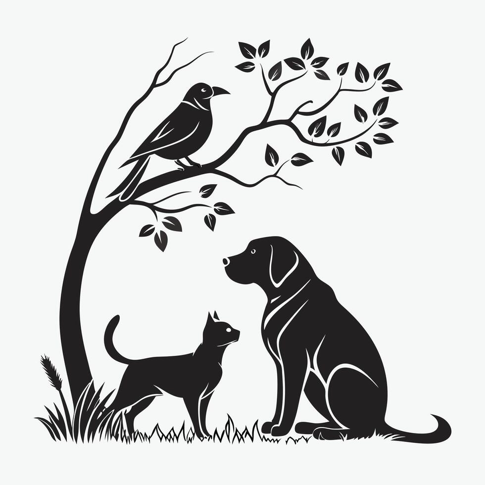 elegant silhouette graphic of a dog, cat, crow, and butterfly, all silhouetted against a plain background. vector