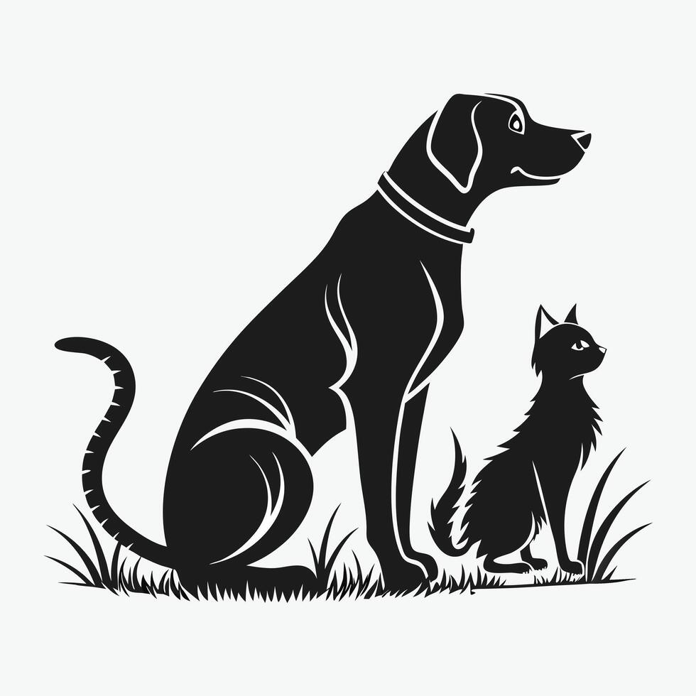black and white silhouette of a seated dog and cat. vector