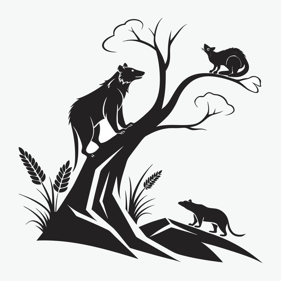 A peaceful and serene silhouette image featuring a dog, a cat, and a bird under a leafy tree. vector