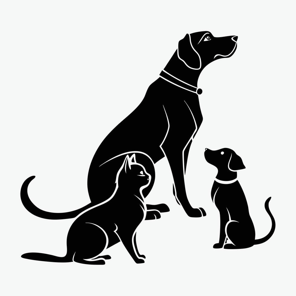Simple black silhouette of a dog and a cat sitting on grass. vector