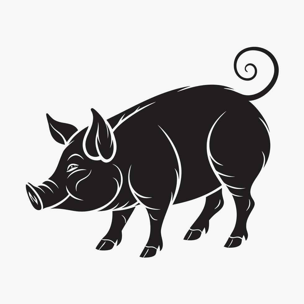 black silhouette of a pig, rendered in a vintage or antique style. vector