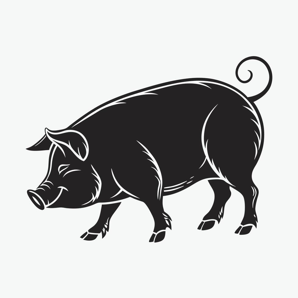 A stylized, cartoonish silhouette of a pig, presented in black and white. vector