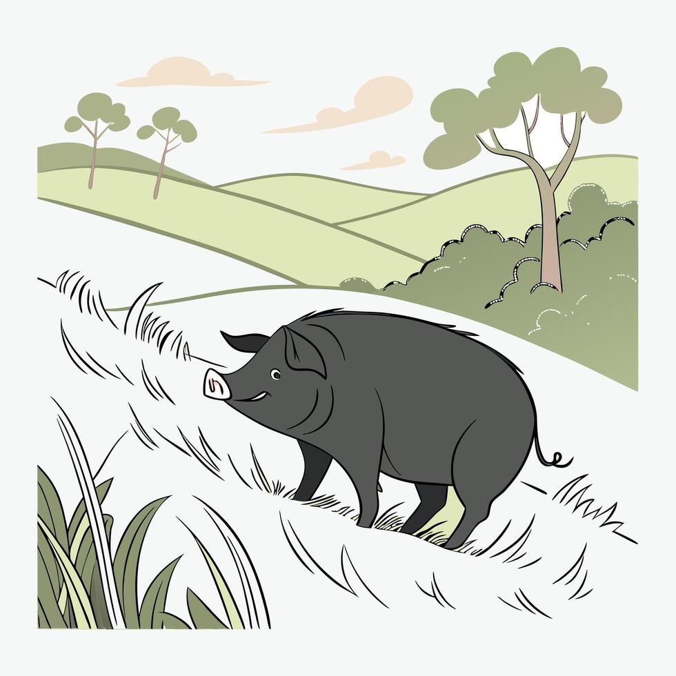 A cheerful cartoon pig, depicted in a simple, stylized manner, stands on a patch of light beige sand. vector