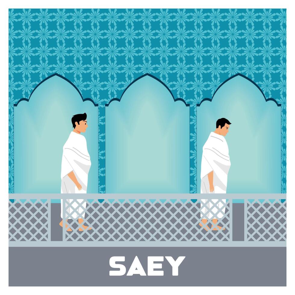Pilgrims Performing Sa'ey Ritual with Vibrant Islamic Architecture Backdrop. vector
