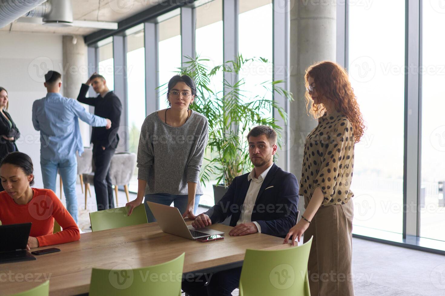 A diverse team of business professionals engaged in a discussion around a conference table in an office, while their colleagues collaborate in the background photo