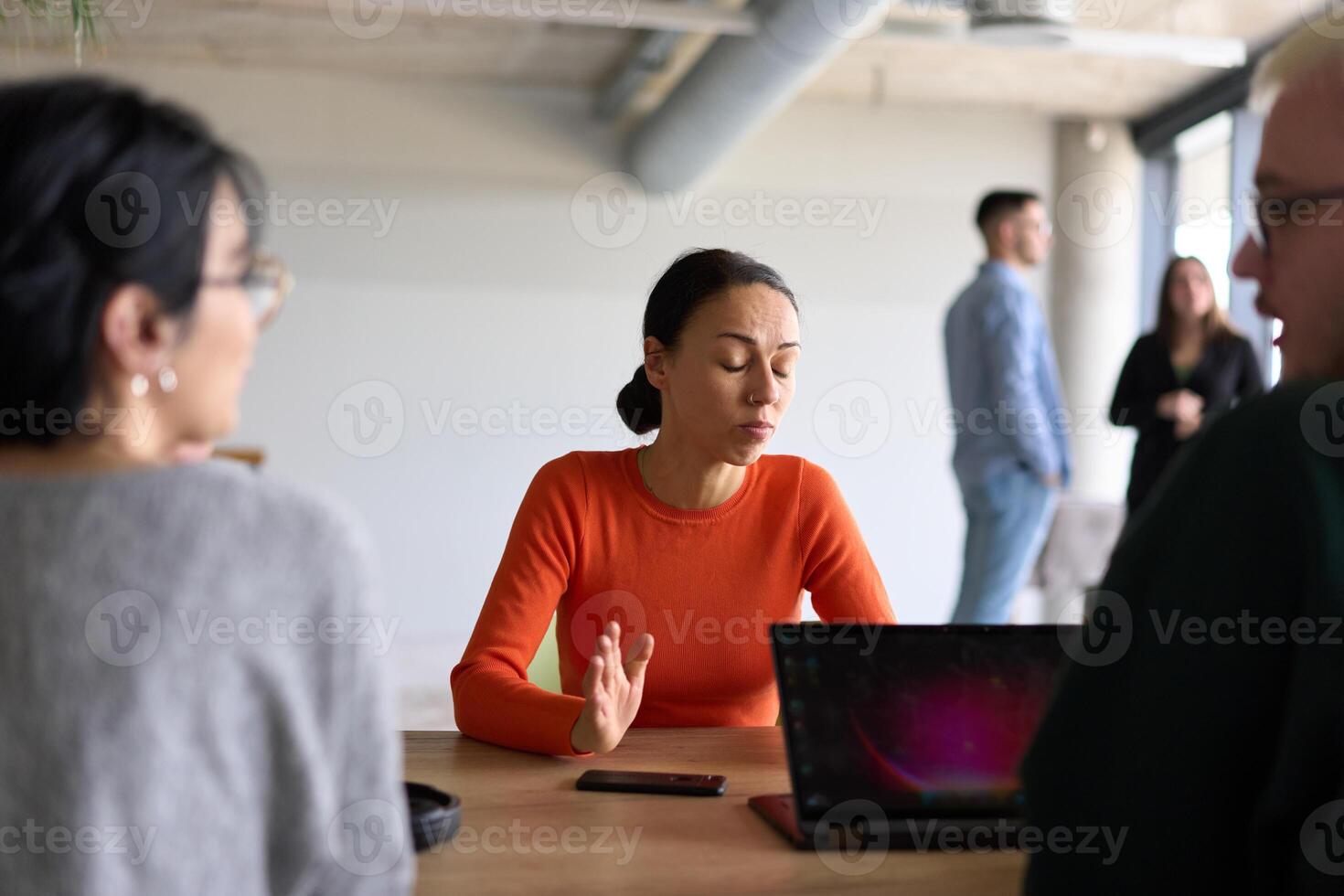 A diverse team of business professionals engaged in a discussion around a conference table in an office, while their colleagues collaborate in the background photo