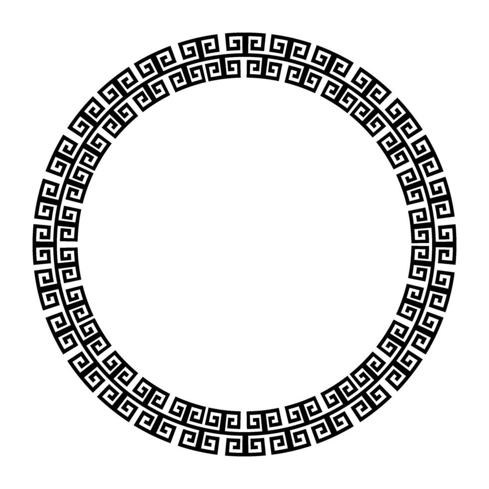 Monochrome round frame for design with Chinese ornament, meander. Round frame with greek motifs. Circle frame. For card, invitation, textile, engraving, wooden carving, embroidery, porcelain vector