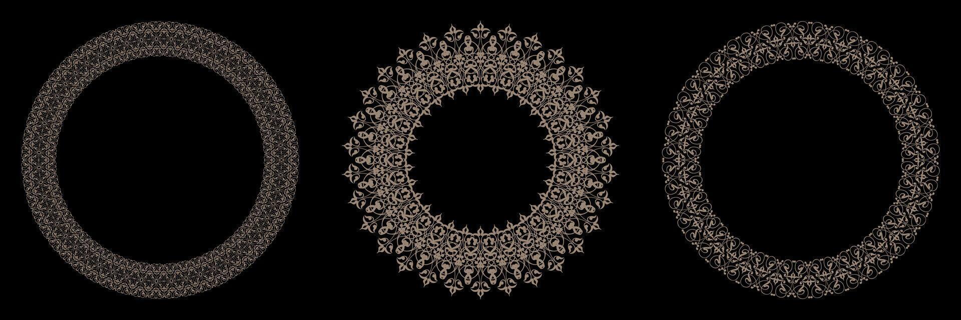 Set of gold round lace frames. Elegant gold round frames on black background. Circle gold frame. For invitations and greeting cards, embroidery, porcelain. Gold round frame with arabesques vector