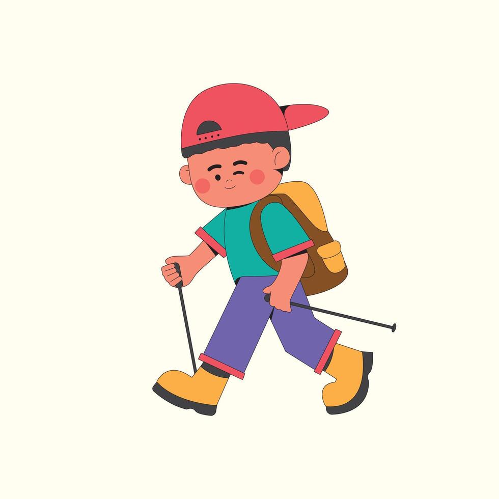 Cute boy hiking character illustration vector